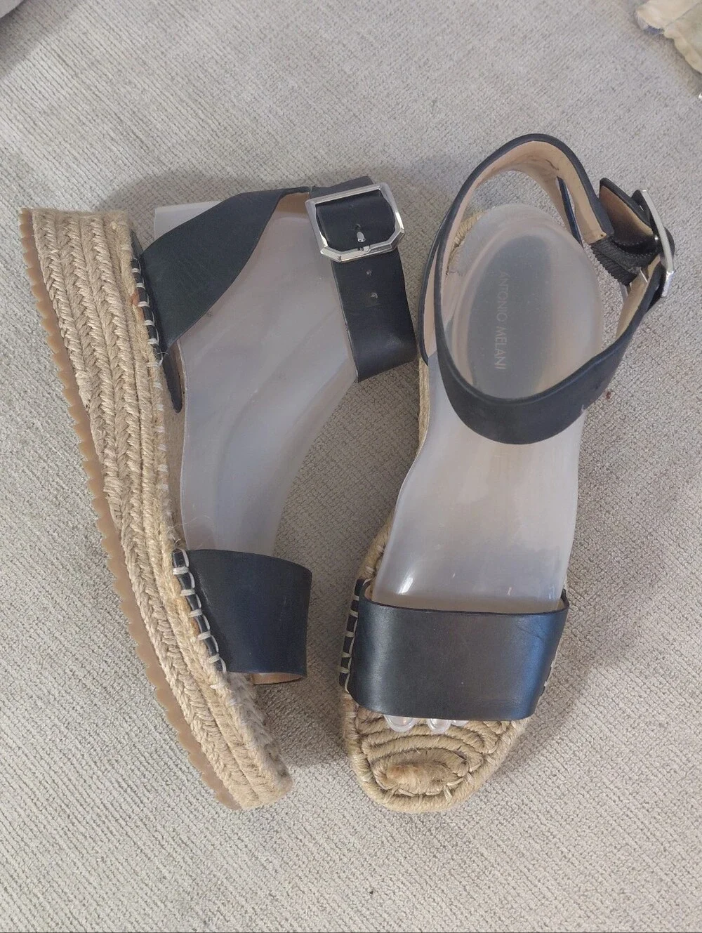 ANTONIO MELANI Black Leather Espadrille Platform Sandals Size 9.5